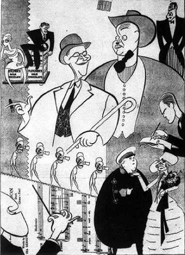 llustration du Herald-Tribune par Al Hirschfeld<br>annonçant l'ouverture à Broadway de «Strike up the Band» llustration du Herald-Tribune par Al Hirschfeld annonçant l'ouverture à Broadway de «Strike up the Band»