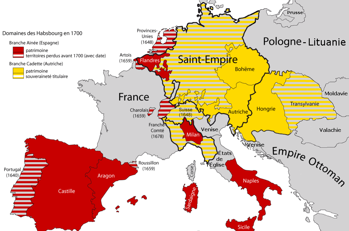 Domaines de la maison de Habsbourg d'Autriche (en jaune) et d'Espagne (en rouge) en 1700