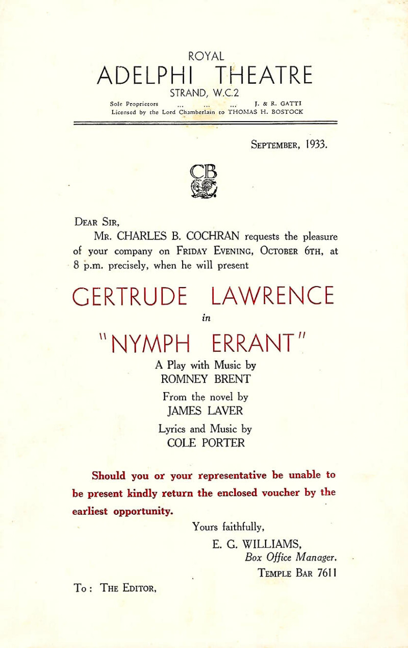 «Nymph Errant» - Invitation à la première Nymph Errant