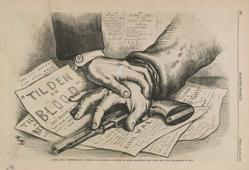 «A truce - not a compromise, but a chance for high-toned gentlemen to retire gracefully from their very civil declarations of war » par Thomas Nast - Harper's Weekly, 1877 Compromis de 1877