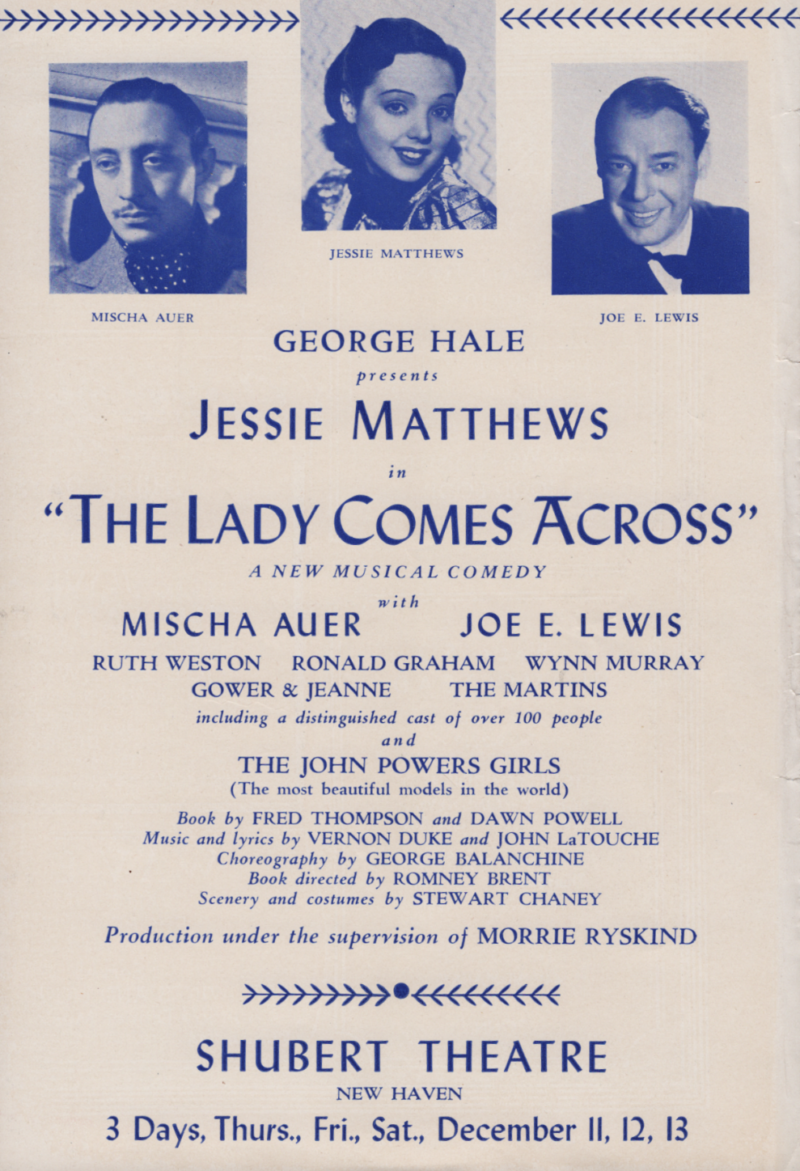 Flyer «The Lady Comes Across»<br>en Try-Out au Shubert Theatre<br>New Haven - décembre 1941 Flyer «The Lady Comes Across» en Try-Out au Shubert Theatre New Haven - décembre 1941